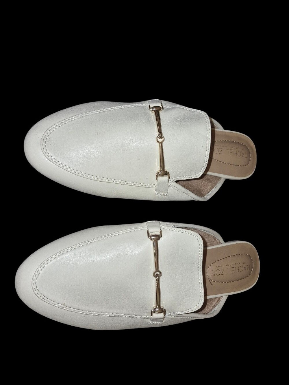 Rachel Zoe White Leather Backless Loafers with Gold Bit Size 7.5